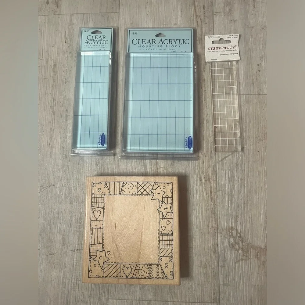 Stampabilities Stampology lot of 3 Acrylic Mounting Block Grid Lines quilt stamp